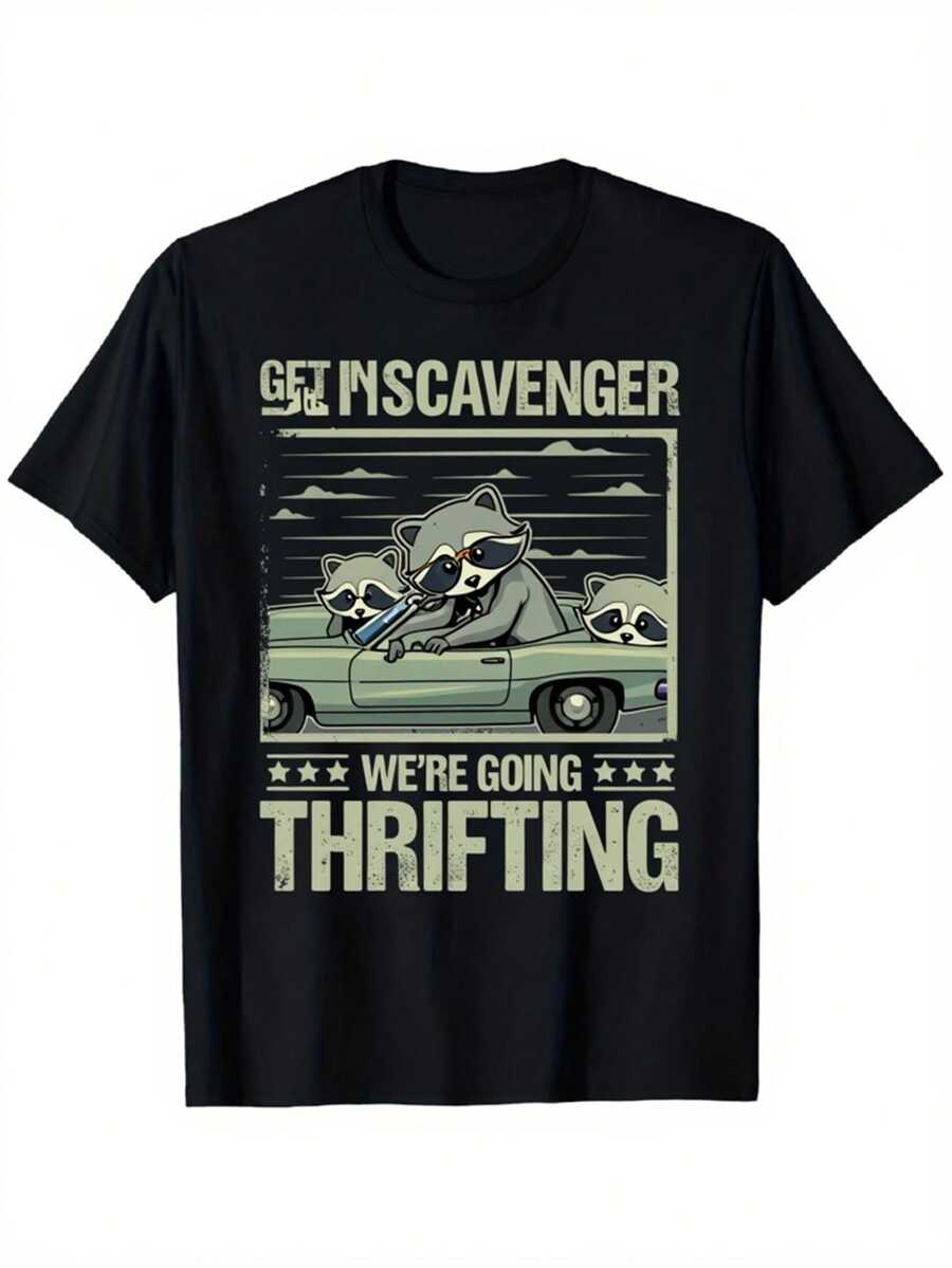 Vintage 90s Graphic T-Shirt - Retro Thrift Store Style With Raccoon And Shopping Cart Design - Soft And Stretchy Short Sleeve Crew Neck For Casual Wear, Thrift Parties And Everyday Outfits - Comfortable Fit For All Seasons - 黑色 - 查看 1