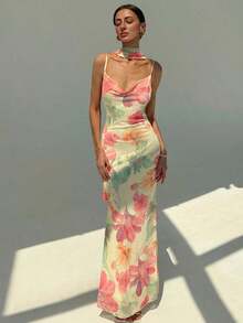 vestido con cuello drapeado sexy con espalda descubierta, estampado de malla con flores románticas y tirantes extra largos - Rosa - Ver 3