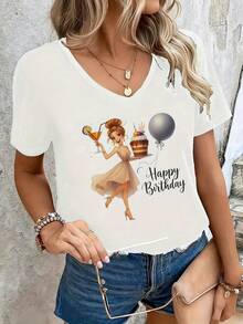 Women's Floral Print V-Neck T-Shirt - Birthday Design With Balloons And Champagne, Happy Birthday Text, Casual And Comfortable Fit For Casual Wear And Parties, Spring, Summer And Autumn Outfits, Machine Washable Sports T-Shirt, Party Wear, Seasonal Fashion, Festive Style, Breathable Material, Durable Stitching, Printed T-Shirt, Adults - 黑色 - 查看 6