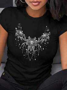New 2026 Playera con estampado de Flores Brillantes, ajuste regular cuello redondo manga corta fiesta suave, Moderna - Negro - Ver 6