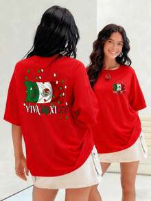 Bandera mexicana ondeando con confeti tricolor celebrando la cultura y el orgullo nacional camiseta para mujer ¡Viva México! 100% algodón para máxima comodidad y frescuraSuitable for spring, summer and autumn - Rojo - Ver 7