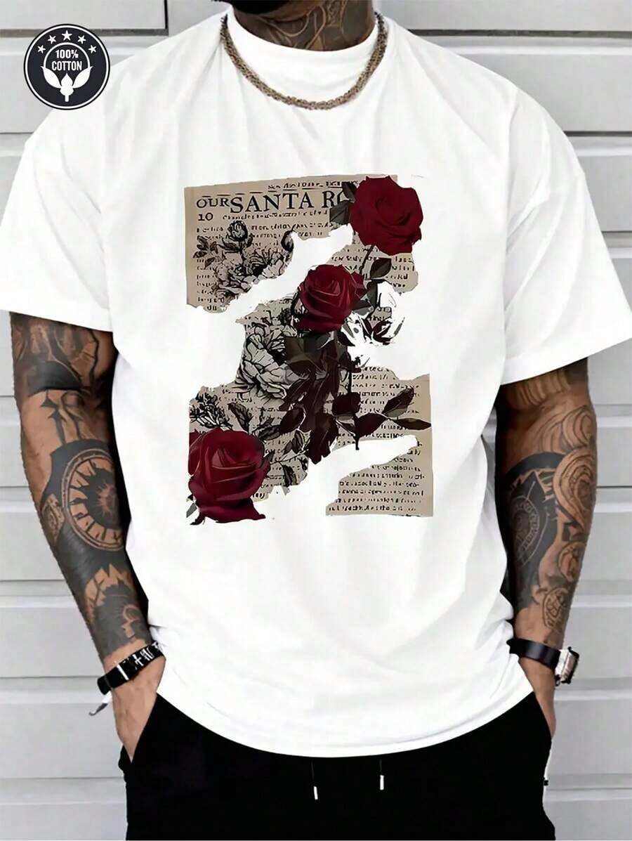 Camiseta de Talla Grande con Estampado de Rosas y Periódico - 100% Algodón, Cuello Redondo para Hombres, Regalos, Ropa para Hombres Altos y Corpulentos - Blanco - Ver 1