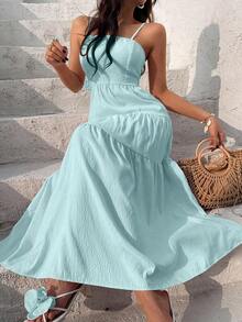 Vestido con escote de tubo plisado de tela texturizada color melocotón claro, con tirantes finos, cintura suelta, estilo relajado para vacaciones - verde menta - Ver 8