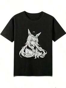 Anime Graphic T-Shirt With Uma Musume - Unisex Short Sleeve T-Shirt, Black And White Character Design, Comfortable Loose Fit For Summer, Casual Sportswear, Machine Washable, Y2k Anime T-Shirt Shirt - 黑色 - 查看 1