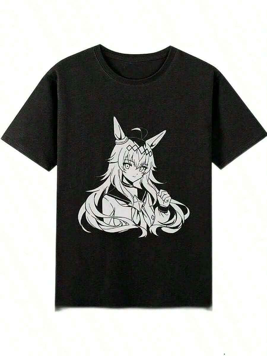 Anime Graphic T-Shirt With Uma Musume - Unisex Short Sleeve T-Shirt, Black And White Character Design, Comfortable Loose Fit For Summer, Casual Sportswear, Machine Washable, Y2k Anime T-Shirt Shirt - 黑色 - 查看 1