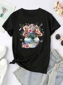 Women's 100% Cotton T-Shirt With Mexican Flag, 180g, One-Piece Printed T-Shirt For Women - Casual Short-Sleeved Round Neck Top For Spring-Summer, Stretchy Fabric, Machine Washable, New Short-Sleeved T-Shirt. - 粉色 - 查看 1