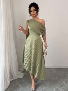 Vestido largo de mujer elegante de gasa con un hombro, plisado, brillante, para primavera/verano - Café integral - Ver 8
