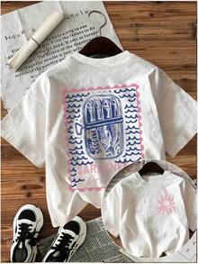 Women's Casual T-Shirt With Double-Sided Print, Spring-Summer Fashion, Vintage Sardine And Wave Print, Short-Sleeve Crew Neck T-Shirt, Versatile For Everyday Wear And Outdoor Activities. 100% Cotton, Durable. - 白色 - 查看 2