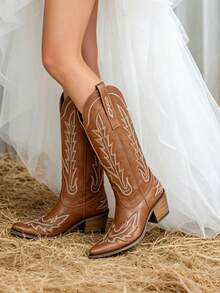 Womens Embroidered Cowgirl Knee High Boots Pointed Toe Block Heel Western Cowboy Boots For Women Casual Outings Festivals - Nâu A - Xem 5