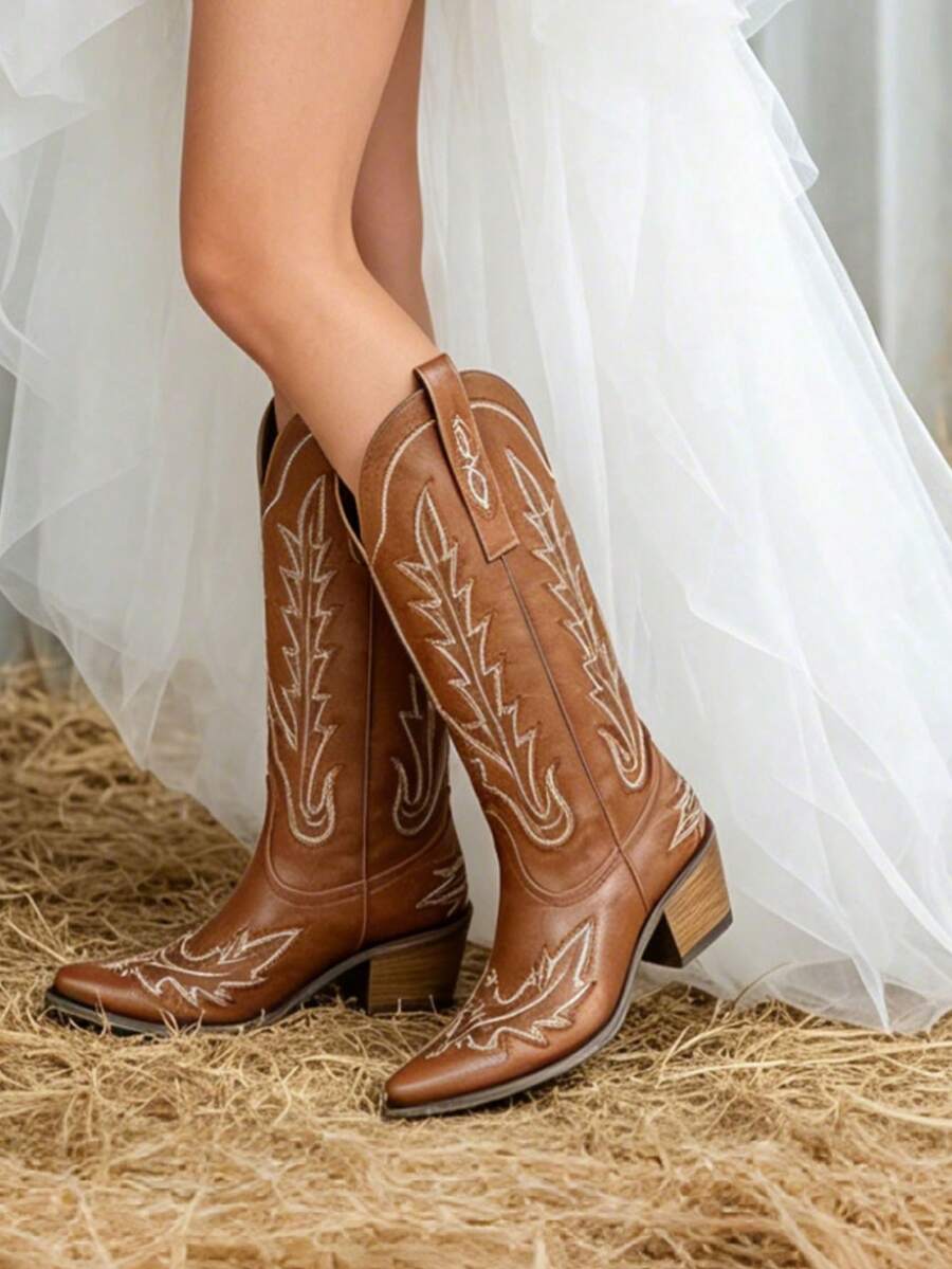 Womens Embroidered Cowgirl Knee High Boots Pointed Toe Block Heel Western Cowboy Boots For Women Casual Outings Festivals - 棕色A - 查看 1