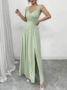 Vestido largo con cuello en V de encaje elegante francés, cintura fruncida y abertura lateral en estilo A, color caqui, adecuado para uso diario, banquetes, bodas, primavera/verano - verde menta - Ver 6