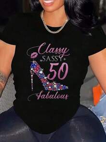 2026 50th Birthday Party Set For Women And Men - Fabulous 50th Graphic Tee, Stylish And Bold - Navy Blue Birthday Tee With High Heel Design - Comfortable And Stretchy Fit T-Shirt (S-XXXL) - Ideal For 50th Birthday 1pc 180g Unisex Loose Crewneck T-Shirt - 黑色 - 查看 7