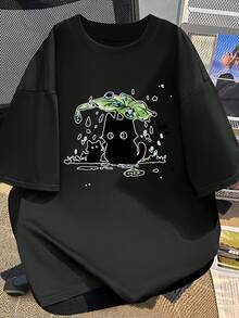 Women's Short Sleeve T-Shirt, Summer Cartoon Print, Fashionable And Modern Design, Sheer Short Sleeve T-Shirt, Short Sleeve T-Shirt Top, Slim Fit T-Shirt Top #3333 - 黑色 - 查看 1