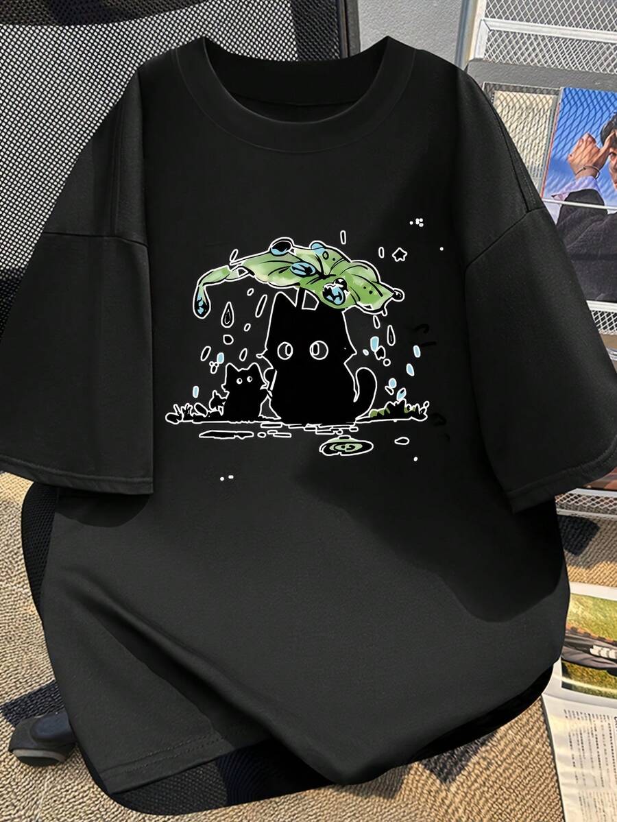 Women's Short Sleeve T-Shirt, Summer Cartoon Print, Fashionable And Modern Design, Sheer Short Sleeve T-Shirt, Short Sleeve T-Shirt Top, Slim Fit T-Shirt Top #3333 - 黑色 - 查看 1