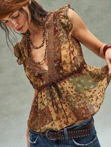 Women's Casual Summer Blouse With V-Neck, Short Sleeves And Lace, With A Ditsy Floral Print For Music Festivals, Vacations And Parties - 彩色 - 查看 5