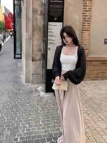 Áo khoác cardigan mỏng tay cánh dơi dáng rộng thoải mái cho nữ - màu đen - Xem 7