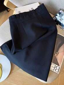 Falda midi de diseño minimalista con cintura de bolsa de papel, cintura alta, falda ajustada para el trabajo, color negro - Azul marino - Ver 8