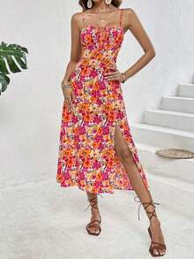 Frenchy Vestido de verano sin mangas para mujer con estampado floral, tirantes espagueti, fruncido en el pecho y abertura en el muslo - Multicolor - Ver 6