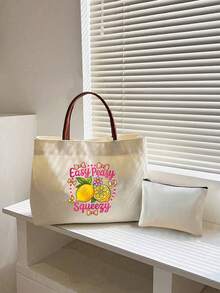 Vibrant Lemon Pattern Printed Tote Bag, Reusable Printed Women's Tote Bag, Double Handle Shopping Book Bag, Large Capacity Shoulder Bag, Casual Commute - Multicolor - View 2