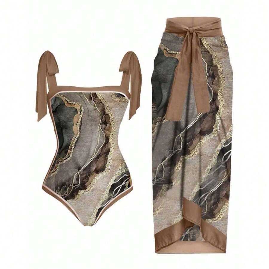 Women's One-Piece Swimsuit, Sexy Bikini With Long Lace-Up Skirt, Three-Piece Set. - 水墨褐色系列 - 查看 1