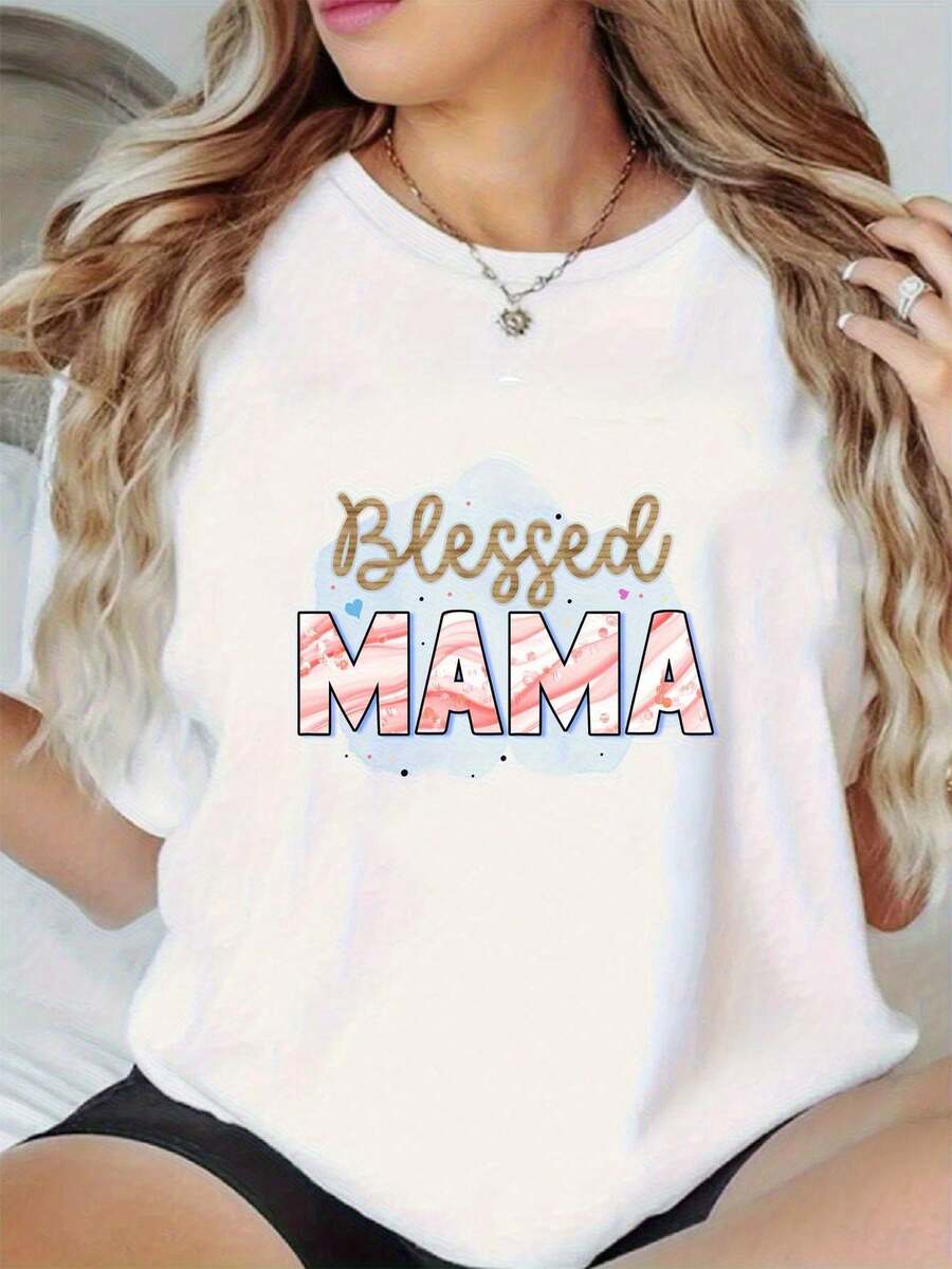 Talla Grande - Camiseta Estampada para Mujer, con el diseño "Madre Santa" - Corte casual, mangas cortas, cuello redondo, diseño geométrico, lavable a máquina, adecuada para uso casual y fiestas en primavera y verano, ideal para camisetas de mujer y ropa de temporada.