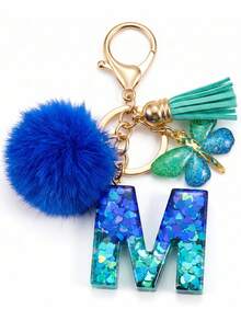 1pc Blue Heart Letter Keychain With Butterfly & Flower Decor, Women Bag Charm, Gift Keyring With Pom Pom - Royal Blue - View 3