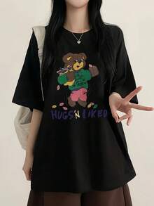 Camiseta de Manga Corta con Estampado de Oso de Dibujos Animados Y2K para Mujer, Nueva Moda de Verano, Cuello Redondo Holgado y Versátil, Top Y2K - Negro - Ver 2