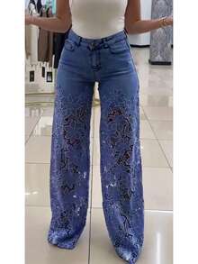 Pantalón de mezclilla nuevo de primavera-verano para mujer, tiro alto, corte ancho, de moda, elegante, versátil, con encaje calado, caída fluida, diseño favorecedor, perfecto para looks de día, oficina y ocasiones informales - Azul oscuro - Ver 6
