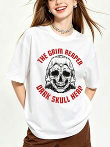 Camiseta de manga corta con cuello redondo suave y casual para mujer de verano |   LA SIERNA, CABEZA DE CALAVERA OSCURA, Capucha, Esqueleto | Tops para salir, Estilo callejero europeo y americano, Casual deportivo, Estilo unisex, Estilo casual urbano, Tops bonitos, Generación Z, Curvas, Ropa Y2K, Camisetas divertidas, Tops de mujer, Conjuntos de vacaciones para mujer, Top lindo, Camiseta gráfica, Conjuntos de primavera, Camisetas holgadas, Ropa urbana retro, Estilo de los 90, Estilo de los 2000, Subcultura, Top negro, Tops blancos, Conjunto de fiesta de los 90. - Blanco - Ver 4