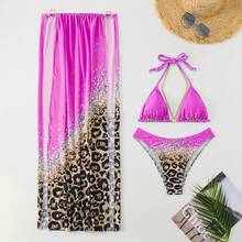 Nuevo bikini de tres piezas con estampado de leopardo y falda larga de malla - Rosa Fucsia - Ver 10