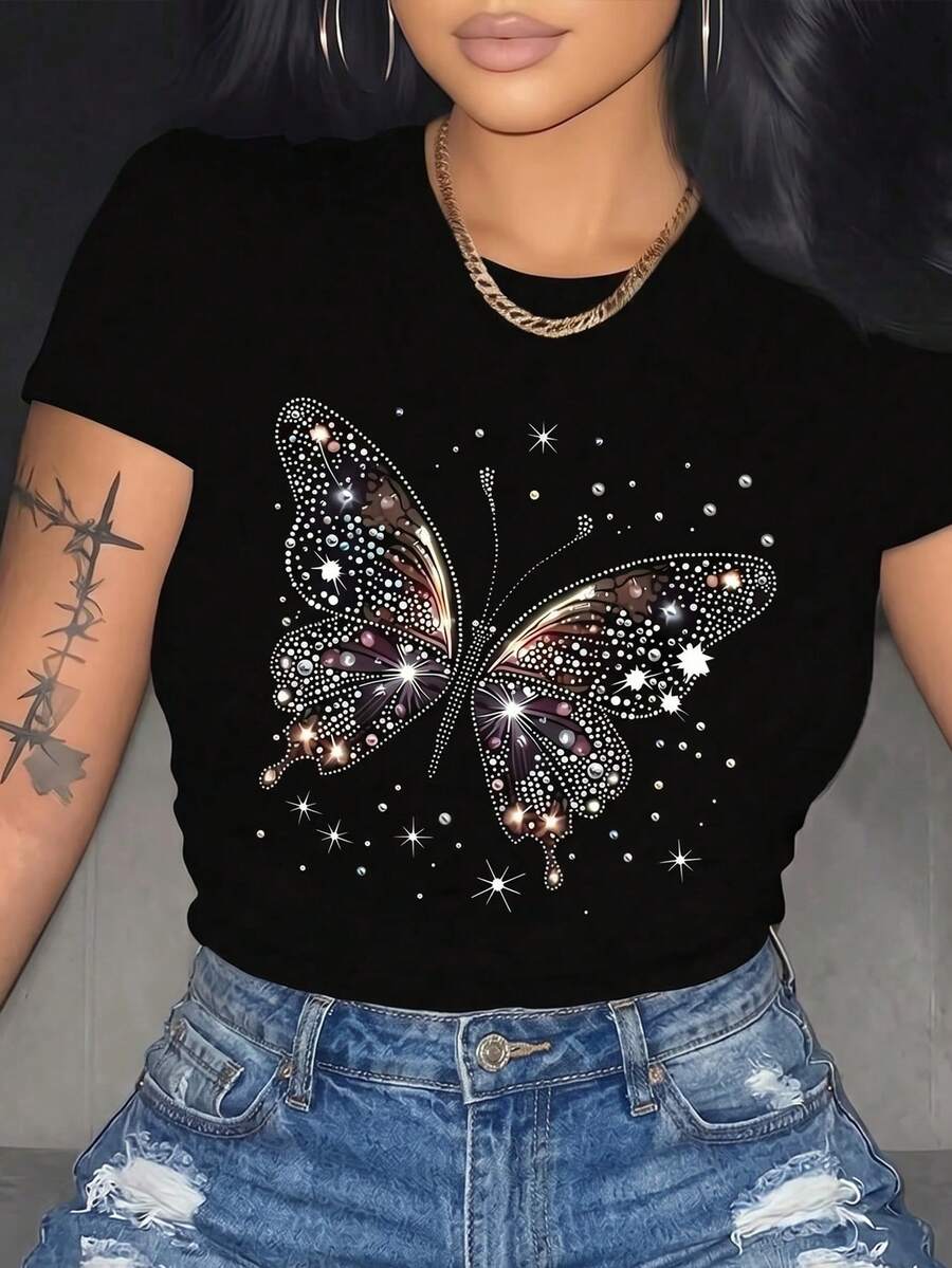 Elegante camiseta de manga corta con cuello redondo y estampado de mariposas para mujer, de poliéster con corte regular y ligero toque elástico, ideal para uso casual. - Negro - Ver 1