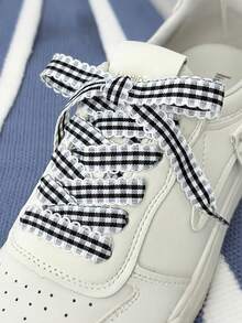 1 Pair Classic Plaid Design Shoelaces, Silk Shoelaces With Lace Trim, Suitable For Replacing Most Footwear - Multicolor - View 12