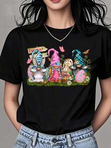 Camiseta Vintage para Mujer con Cuello Redondo, Estampado de Gnomos y Conejitos de Pascua, Manga Corta, Ropa Casual para el Festival de Primavera, Camiseta Gráfica - Negro - Ver 7