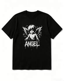 Envío local:Playera Negra para Mujer con Estampado Ángel "Angel", Camiseta Básica Manga Corta Cuello Redondo Cómoda para Verano, Estilo Streetwear Casual - Negro - Ver 3
