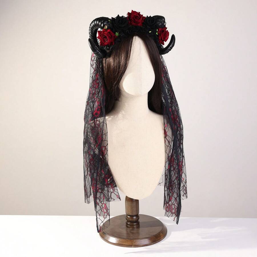 Nuova fascia per capelli in rete con fiori del Giorno dei Morti e rosa nera, copricapo per feste di Ognissanti, accessorio per capelli con corna - TS024D - Visualizzare 1