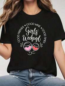 Camiseta de Moda para Mujer de Talla, Estampado Gráfico GOOD FRIENDS GOOD WINE GOOD TIMES, Camiseta de Manga Corta con Cuello Redondo, Estilo Casual para Verano y Primavera, Ropa de Mujer - Camiseta Vintage de Estilo Urbano Unisex, Holgada, de Algodón, Manga Corta y Cuello Redondo. - Negro - Ver 6