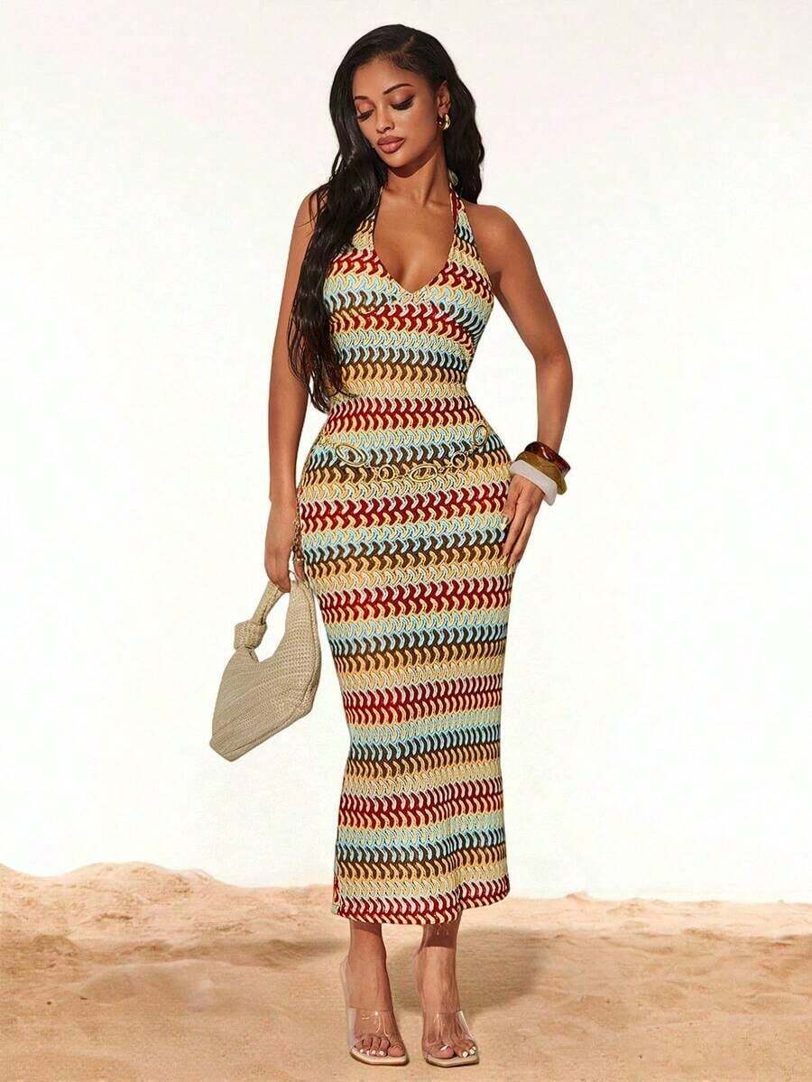 YHHSHEIN Vestido casual básico de punto con rayas de colores y textura, para vacaciones en la playa en veranoYHH - Multicolor 2 - Ver 1