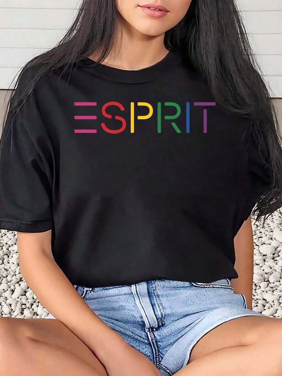 Camiseta de manga corta para mujer con estampado del logo Esprit, colorida, informal, para verano, 220g - Negro - Ver 1