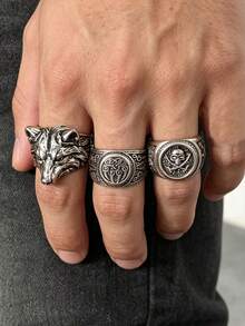Set 3 Cincin Hewan Ukir Gotik Mewah, Aksesori Rock Punk Ukiran Misterius Budaya Vintage Es & Api, Pakaian Kasual Sehari-hari, Hadiah Berkualitas Tinggi untuk Pesta, Unisex - Antique Silver - View 3
