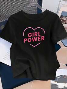 Camiseta Vintage para Mujer con Estampado Gráfico de Corazón Rosa y 'POWER' - Top Casual de Manga Corta con Cuello Redondo Suave, Lavable a Máquina para Uso Diario y Vacaciones, Ropa con Lema Empoderador para Mujeres, Camiseta de Moda para Todas las Temporadas. - Negro - Ver 7