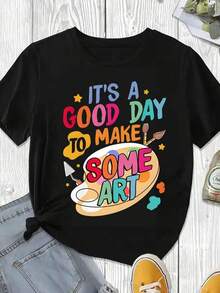 Elegante y casual para mujer, camiseta de manga corta con cuello redondo, estampado gráfico "Es un buen día para hacer arte", ropa casual blanca para mujer, primavera y verano. - Negro - Ver 3