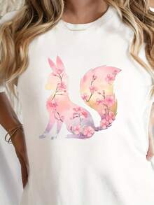 Camiseta suave 100% algodón con diseño de kitsune y estampados de flores de cerezo, perfecta para uso casual en primavera y verano, diseñada para mujeres. Camiseta de algodón transpirable, combina con todo. - Blanco - Ver 1