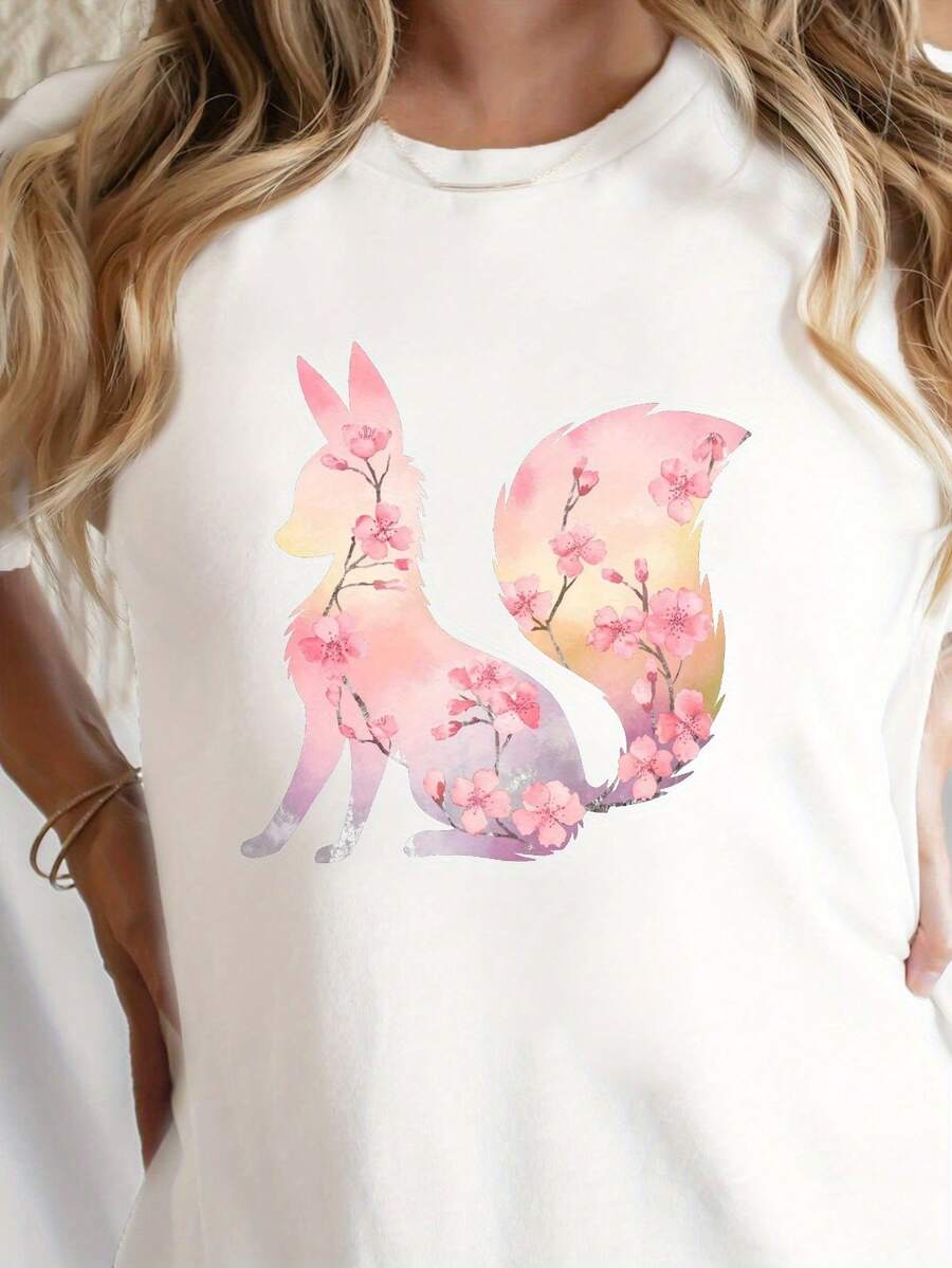 Camiseta suave 100% algodón con diseño de kitsune y estampados de flores de cerezo, perfecta para uso casual en primavera y verano, diseñada para mujeres. Camiseta de algodón transpirable, combina con todo. - Blanco - Ver 1