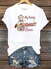 Camiseta casual de manga corta con cuello redondo para mujer, de la serie deportiva de moda, con estampado de corazón de dibujos animados y azucarero, y estampado de la frase "My Sweet Love". - Blanco - Ver 1