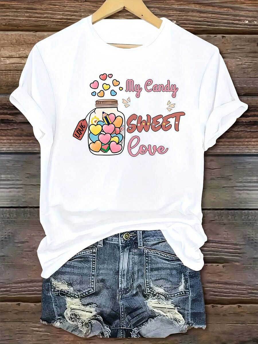 Camiseta casual de manga corta con cuello redondo para mujer, de la serie deportiva de moda, con estampado de corazón de dibujos animados y azucarero, y estampado de la frase "My Sweet Love". - Blanco - Ver 1
