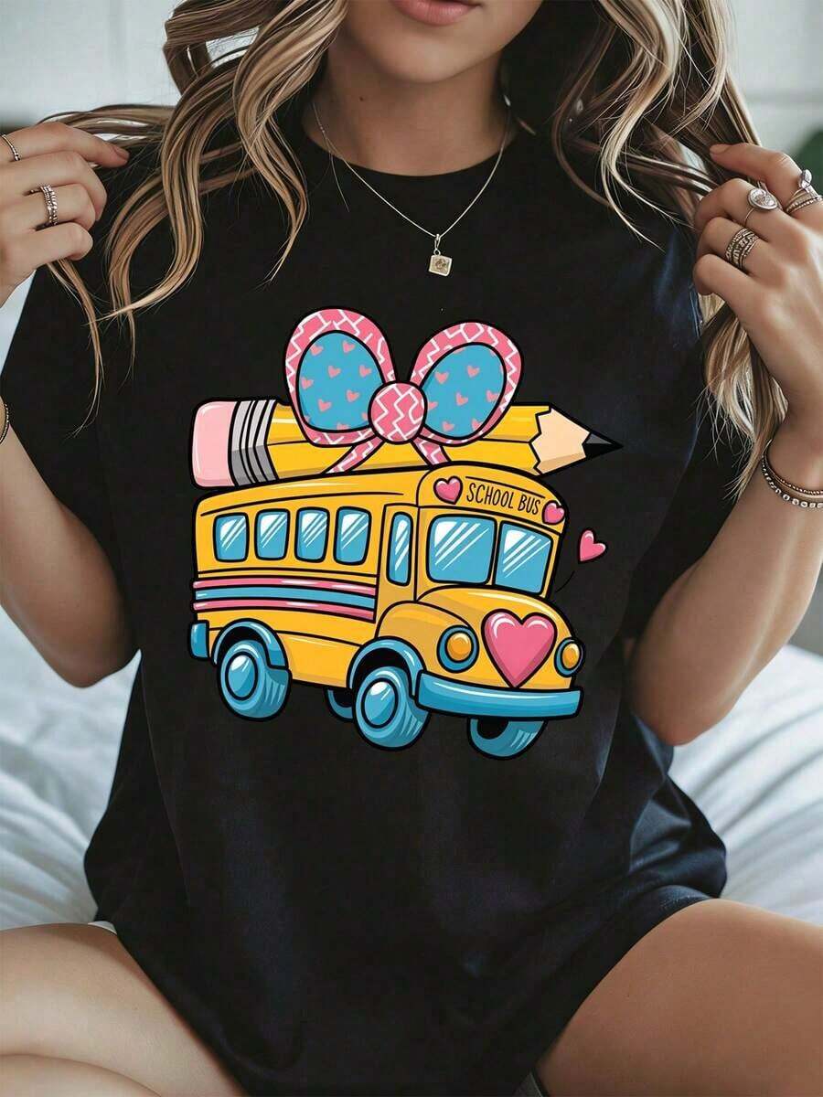 Elegante y casual para mujer, manga corta, linda camiseta con diseño de autobús escolar, lazo rosa y lápiz para el Día de San Valentín, ropa casual negra para mujer, primavera verano. - Negro - Ver 1