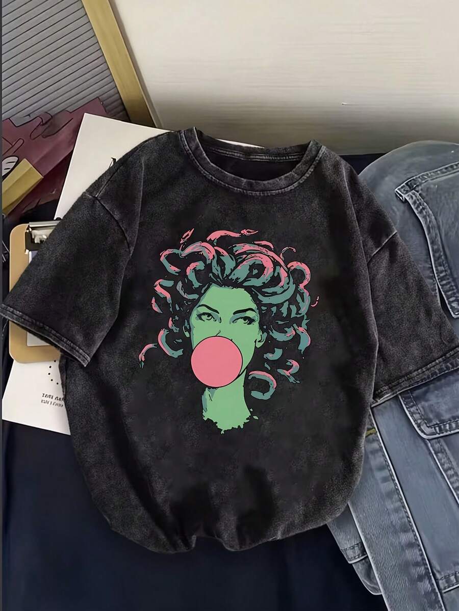 1 camiseta vintage para mujer 100% algodón con estampado de Medusa - Estampado de Medusa, corte holgado y lavado, adecuada para viajes casuales y uso diario, lavable a máquina, 180g 100% algodón. - Negro - Ver 1