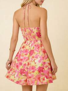 Women's Floral Halter Neck Mini Dress Ruched Backless A-Line Maternity Party Dress With Adjustable Self-Tie - Rosa - Ver 4