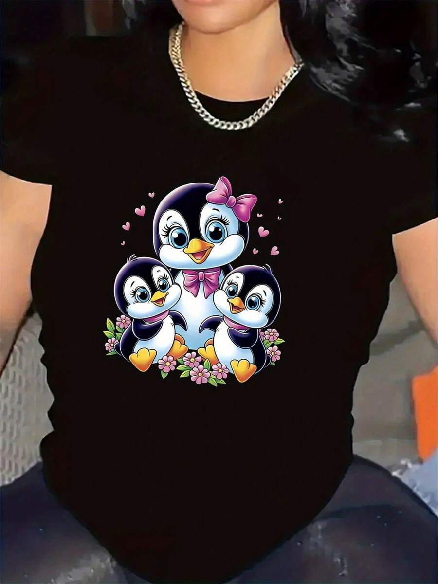 Camiseta de manga corta con diseño de pingüino adorable | Duradera y cómoda, ideal para la sala de estar o el comedor, tela suave, parte superior ligera y transpirable, adecuada para el uso diario, cuello redondo, camiseta de mujer ligeramente elástica. - Negro - Ver 1