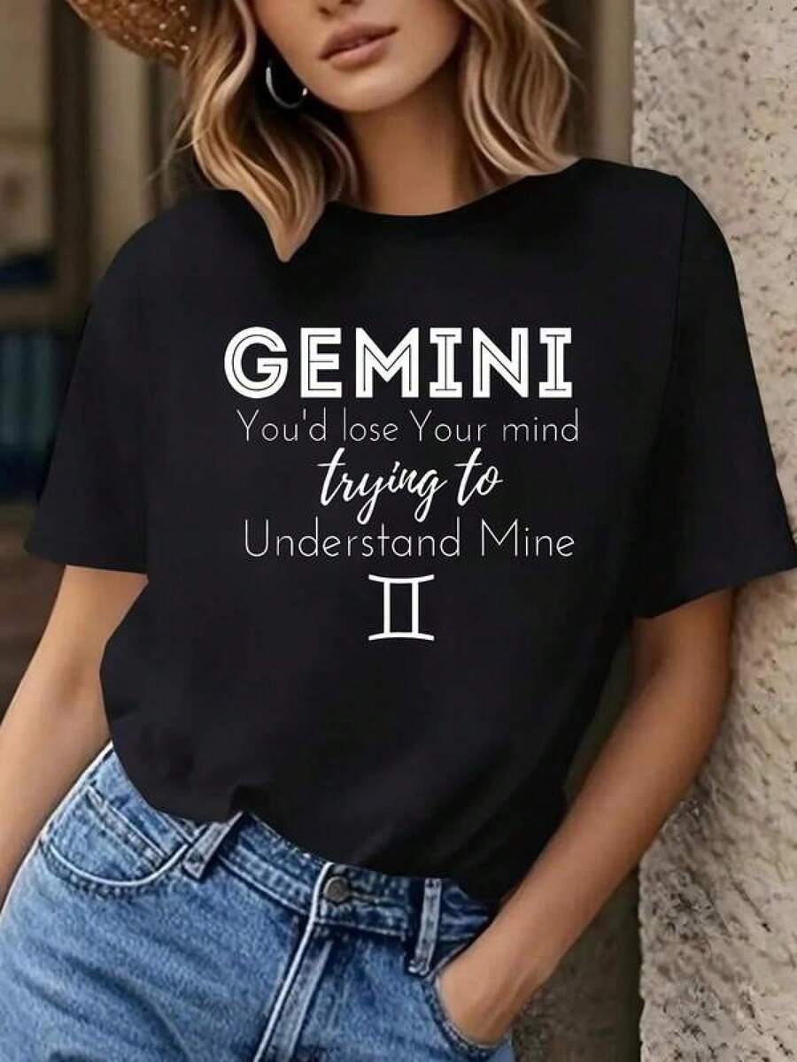 Camiseta unisex de manga corta, camiseta de manga corta con cuello redondo y estampado de Géminis para mujer con ligera elasticidad, playeras hombre, spiderman, ,  mujer, romwe men, boho chic, regalos para maestros, camiseta de mujer, atuendos curvos para hombre, y2k. - Negro - Ver 1